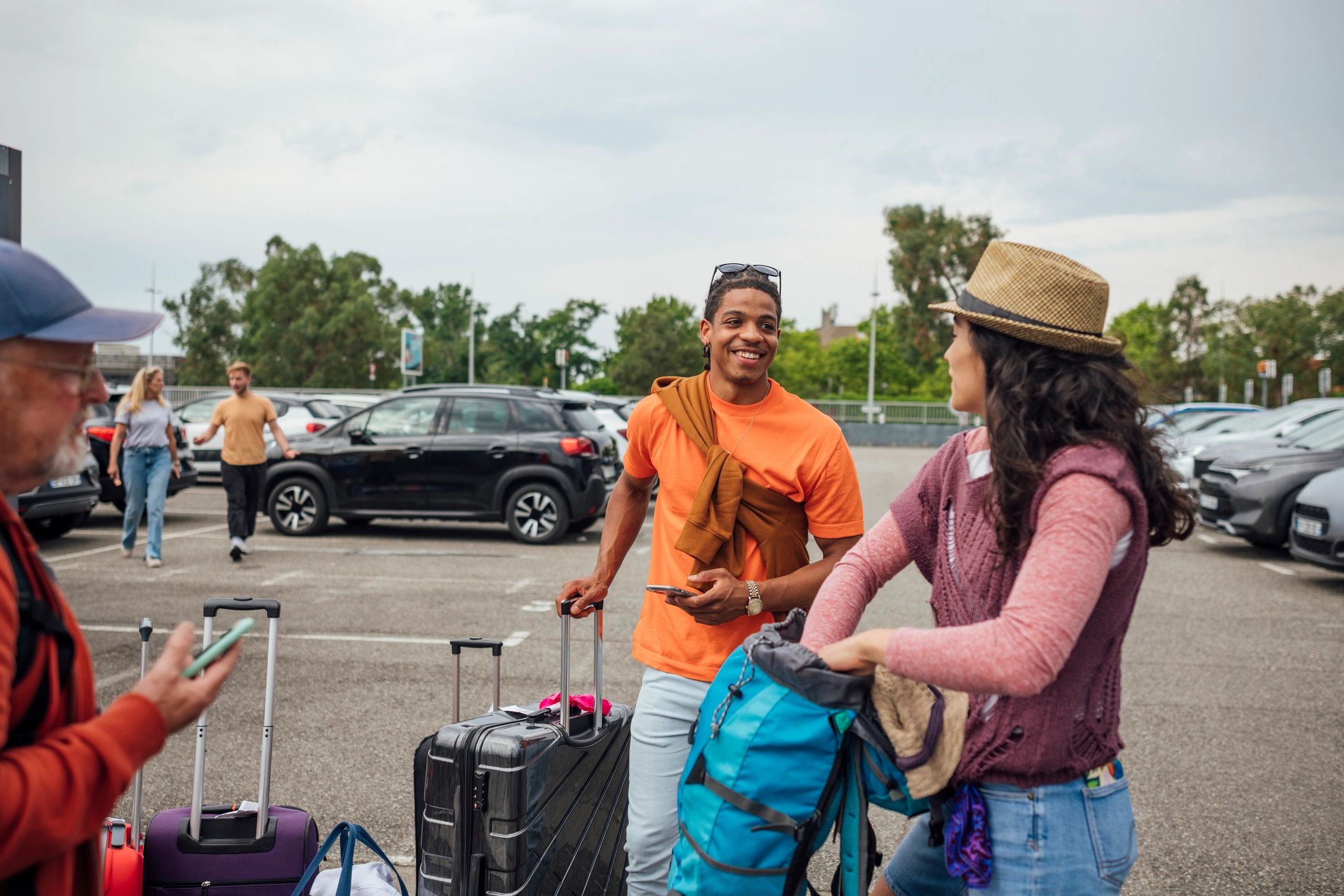 Business travelers coordinating airport transfer