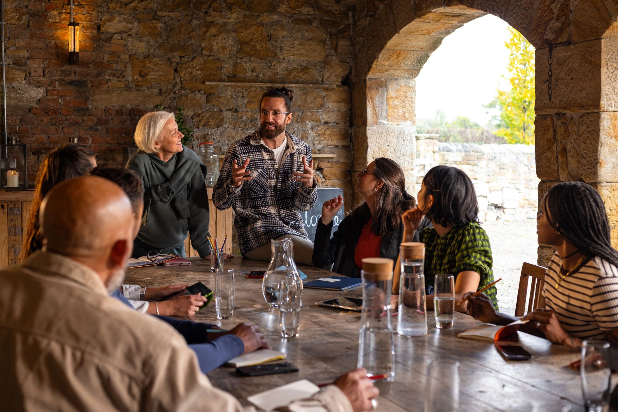 Travel planning team meeting around a table